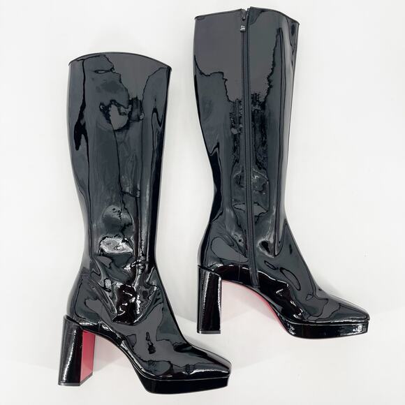 Christian Louboutin Alleo 90 Black Patent Leather Knee High Block Heel Boots 42 - Picture 3 of 11